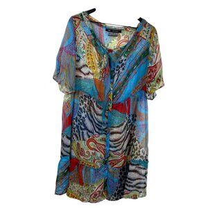 Alain Weiz Dress Top Semi Sheer Multicolor Sz 16W Mixed Print Colorful Eclectic